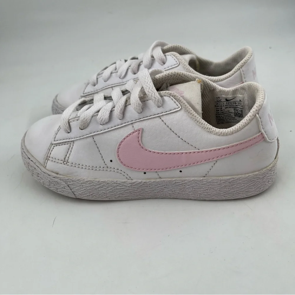 Nike Girls Blazer Low-SZ 12 C-White Pink Swoosh Lace-Up Leather Athletic Sneaker